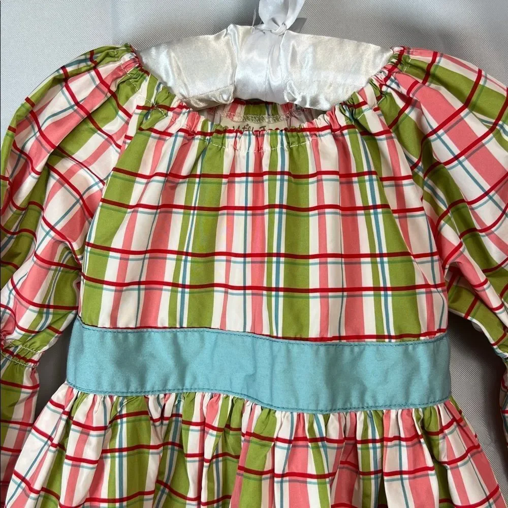 Matilda Jane Secret Fields green and pink plaid peasant top teal sash size 4